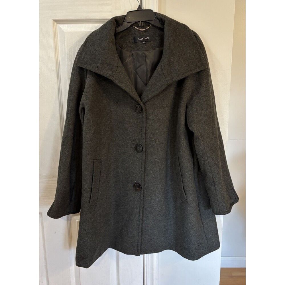 Ellen Tracy Gray Wool Angora Rabbit Hair Blend Coat Over Coat Women's Sz 14